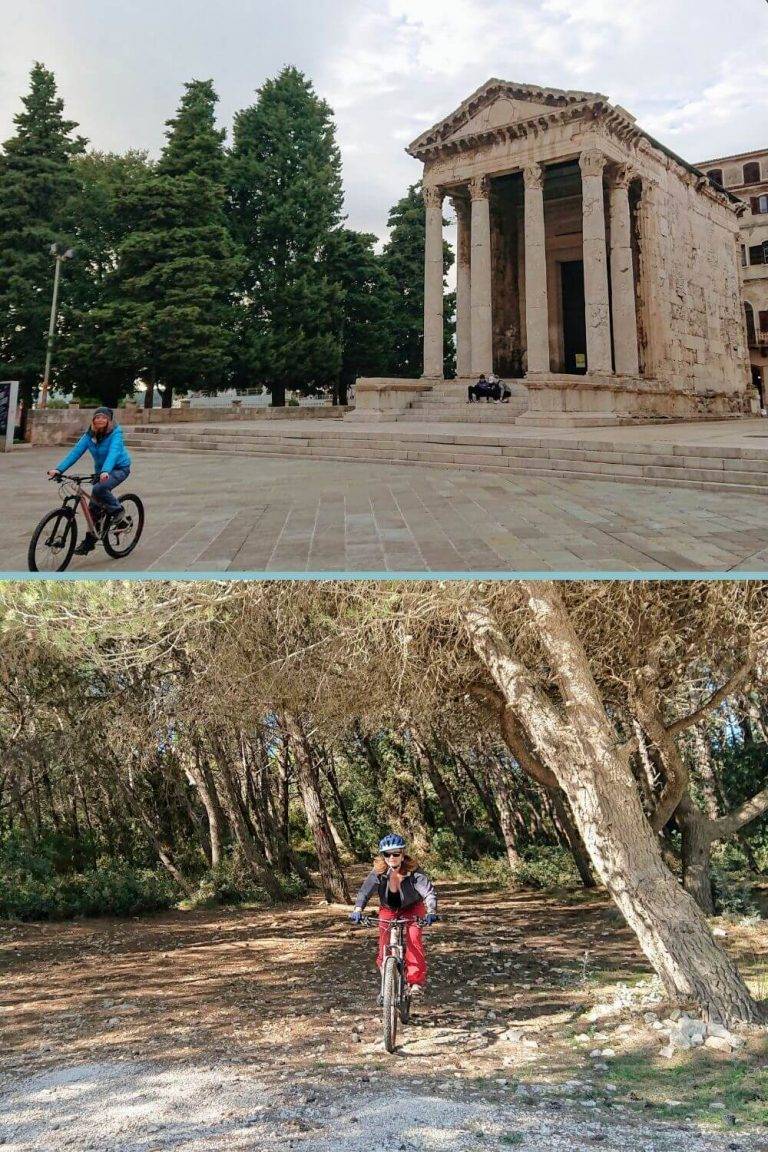 Eine Frau beim Mountainbiken auf zwei Bildern in der Stadt Pula und im Wald.